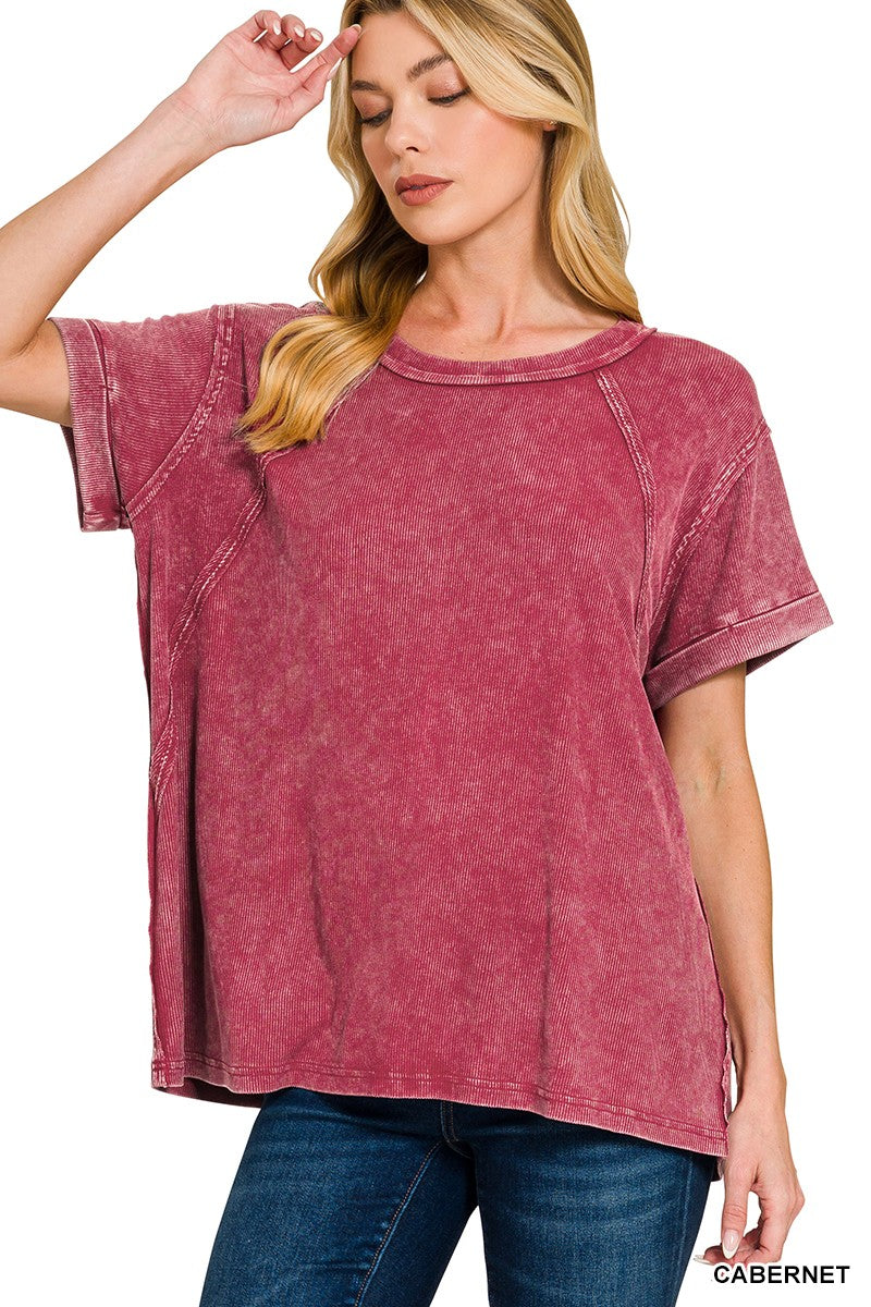 CABERNET Washed ribbed knit tee with rolled cuffs and raglan sleeves