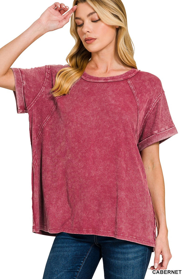 CABERNET Washed ribbed knit tee with rolled cuffs and raglan sleeves