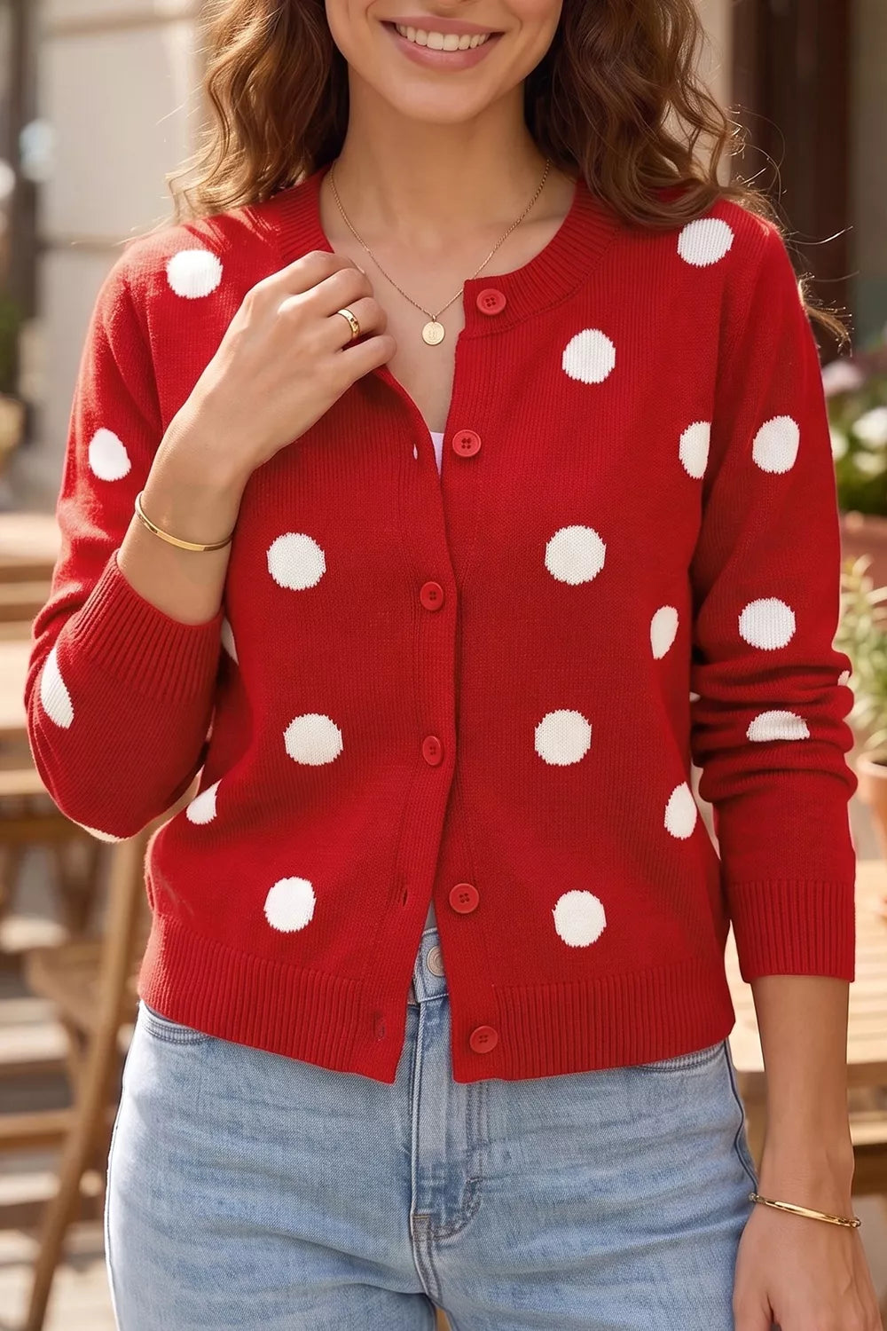 Deep Red Polka dot knit button-front cardigan with ribbed trim