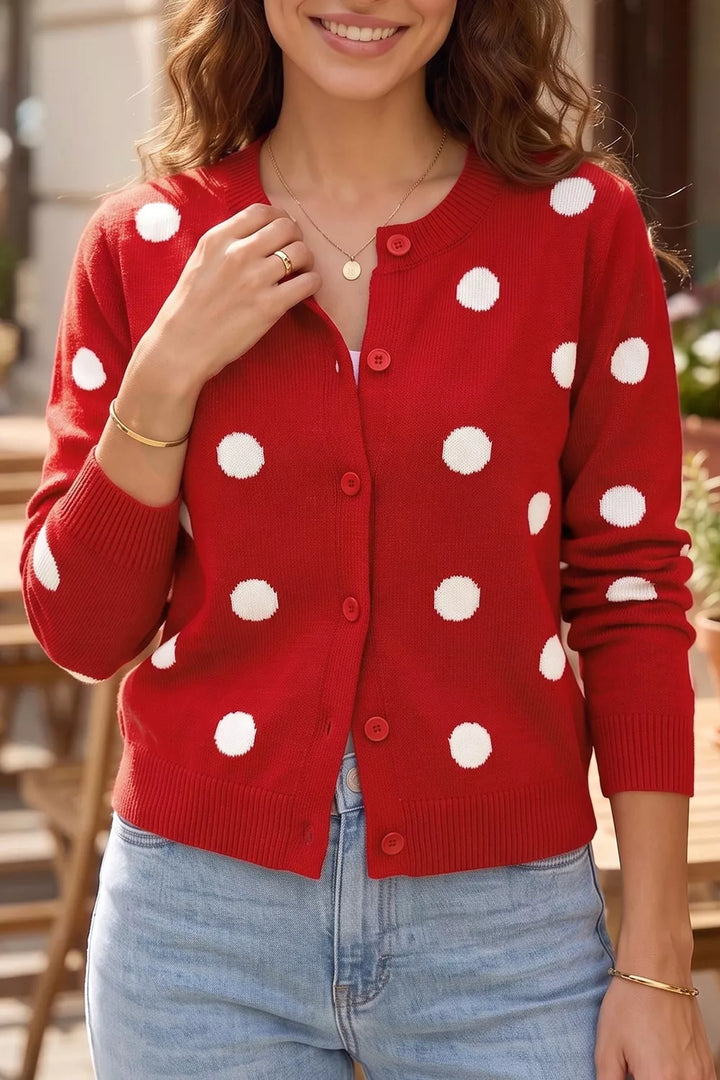 Deep Red Polka dot knit button-front cardigan with ribbed trim