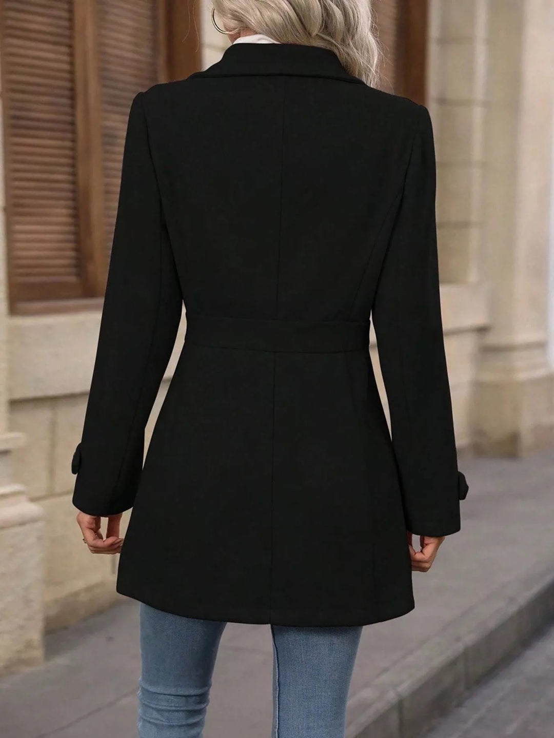 Notched lapel button-up coat with waist tabs