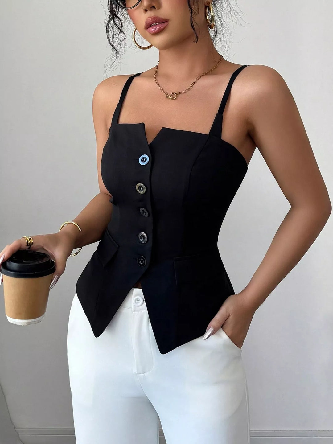 Structured button-front cami top with asymmetric hem