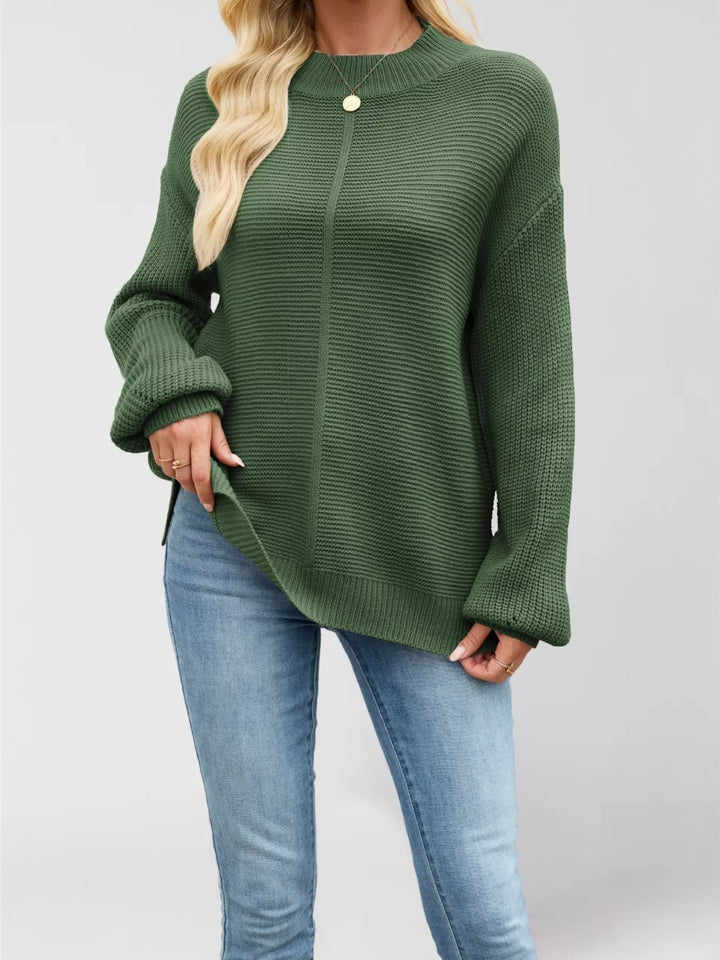 Green Ribbed knit mock neck drop shoulder sweater