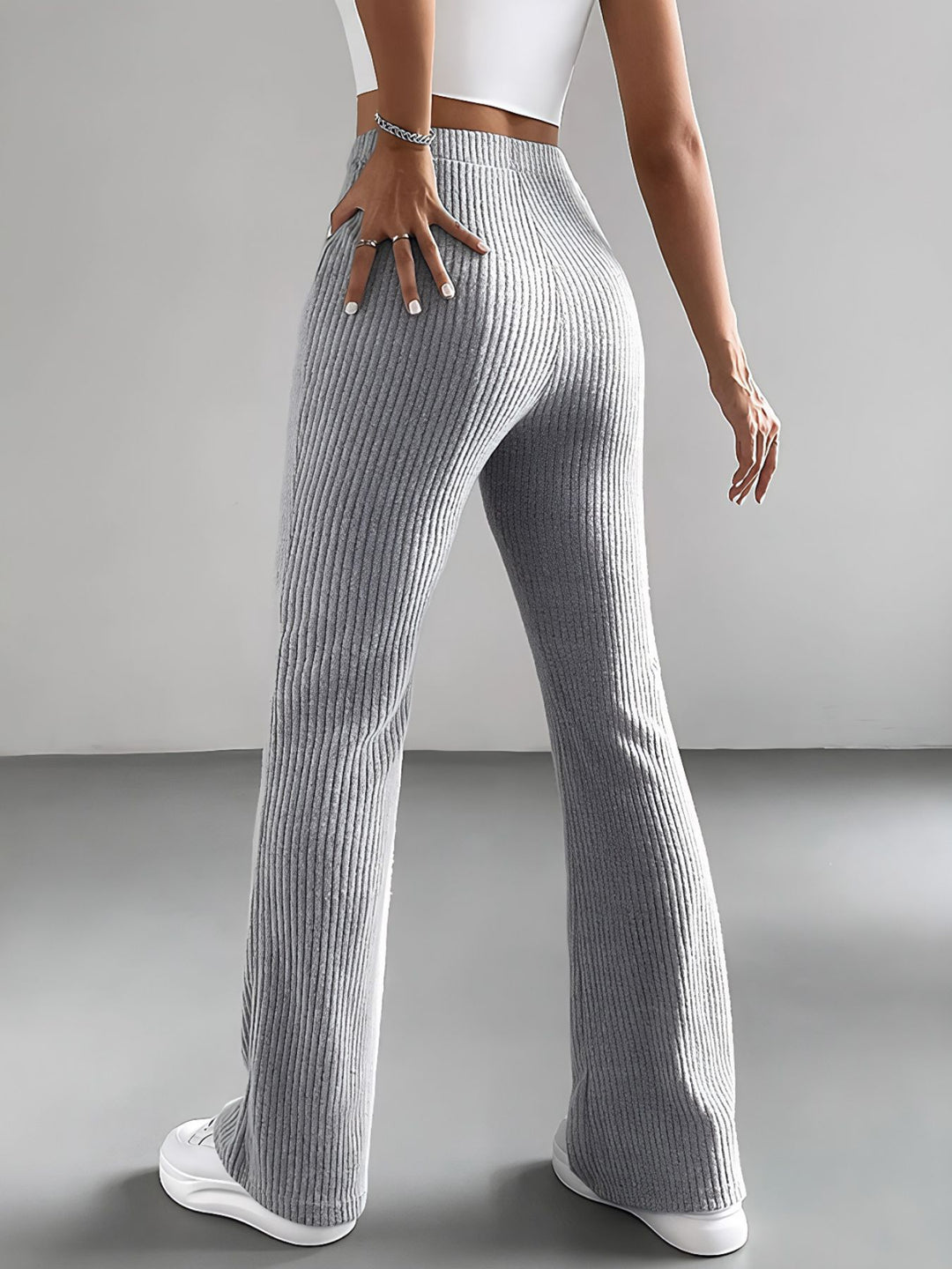 Ribbed knit high-rise pull-on flare pants