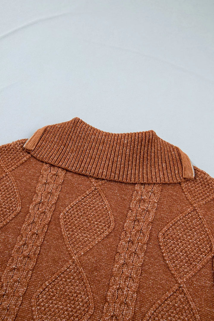 Cable knit quarter-zip mini sweater dress with drop shoulders