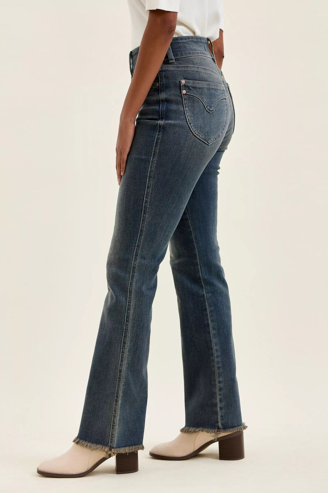 High-rise double-button frayed hem flare jeans