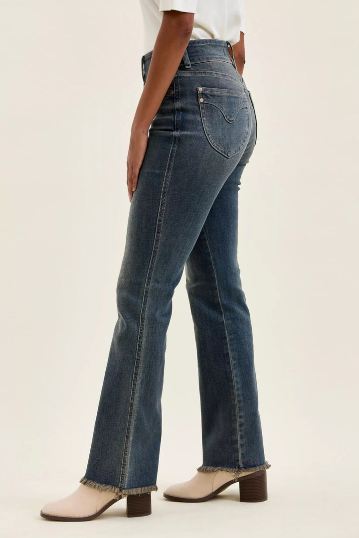 High-rise double-button frayed hem flare jeans