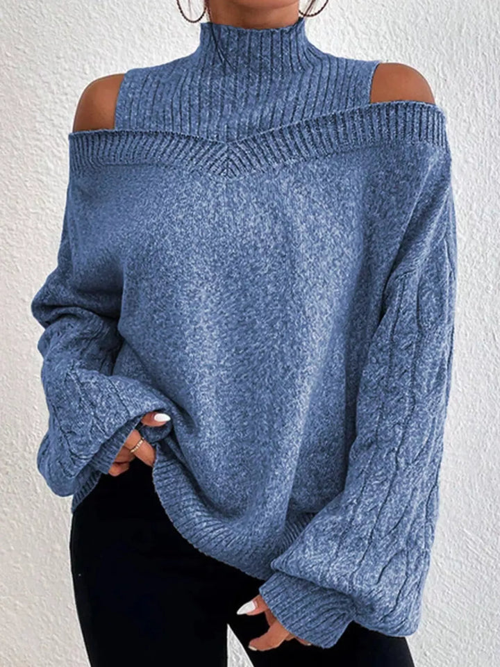 Dusty Blue Cold-shoulder cable-knit turtleneck sweater