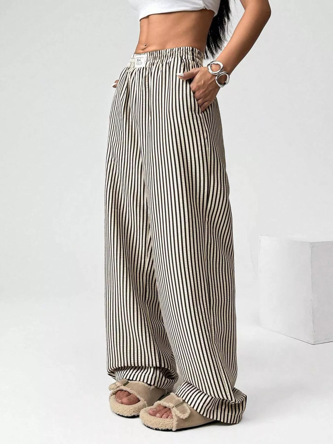 Striped high-waist wide-leg pants with drawstring
