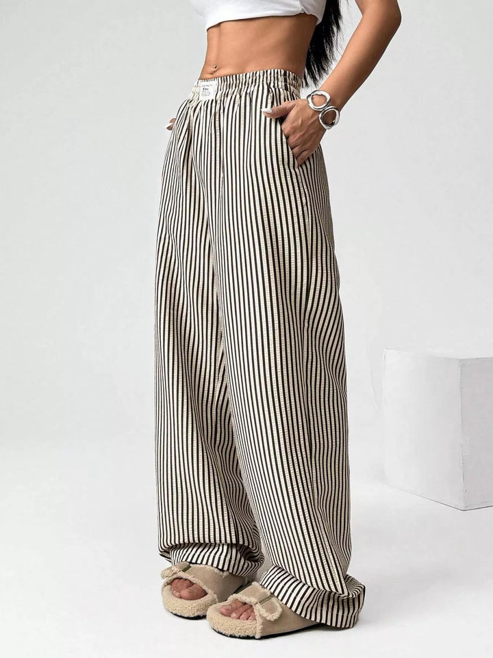 Striped high-waist wide-leg pants with drawstring