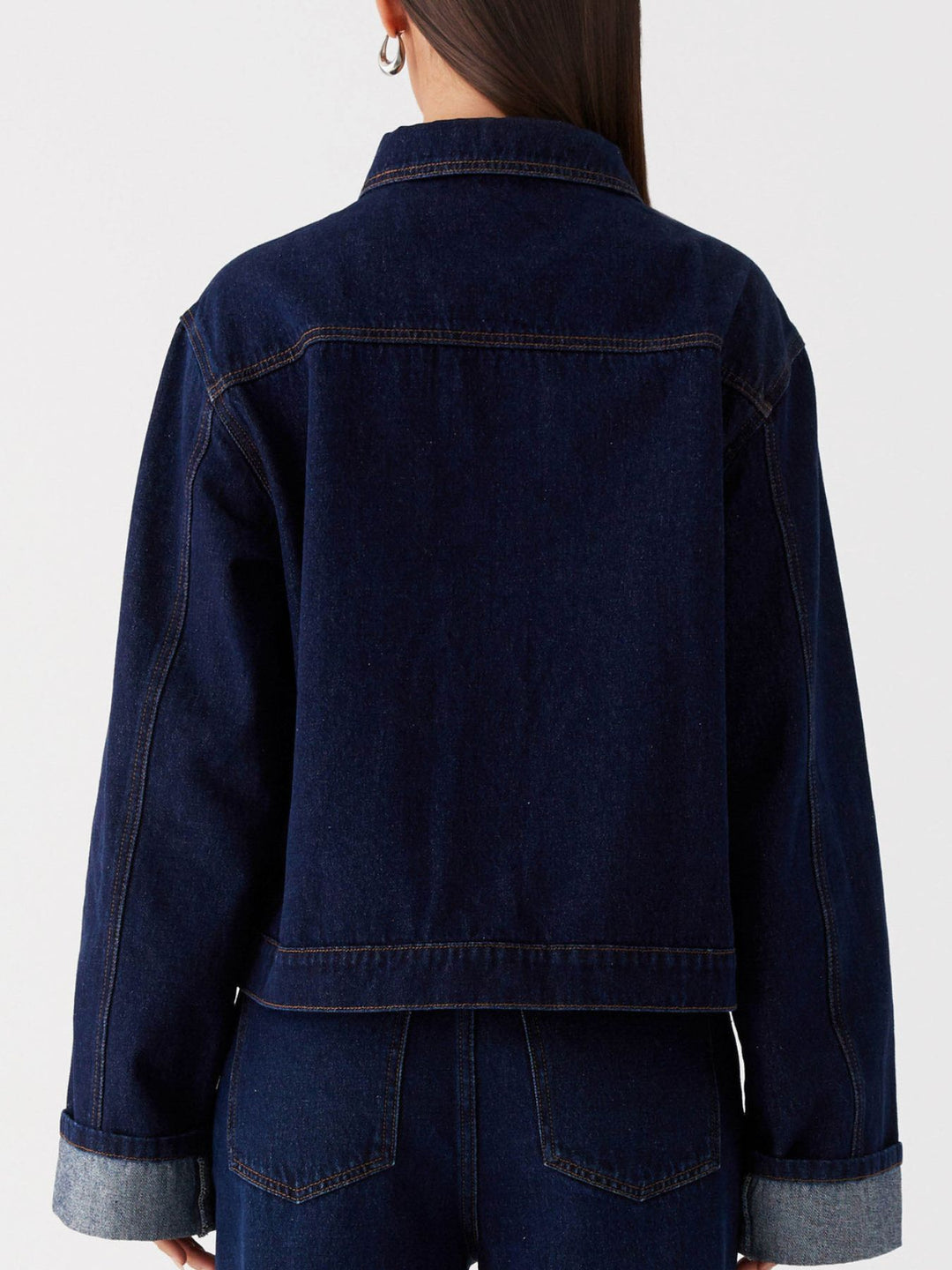 Oversized cropped denim jacket with chest flap pockets