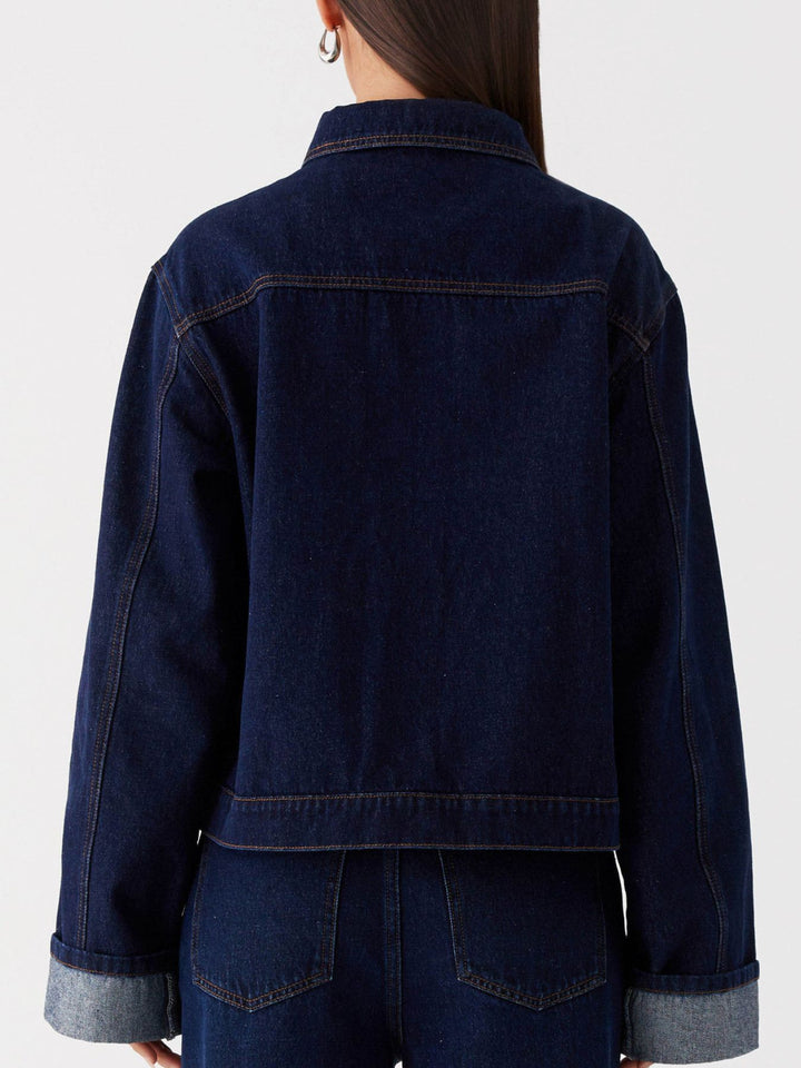 Oversized cropped denim jacket with chest flap pockets