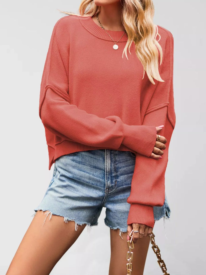 Watermelon Red Dropped shoulder crew neck sweater with ribbed raw hem