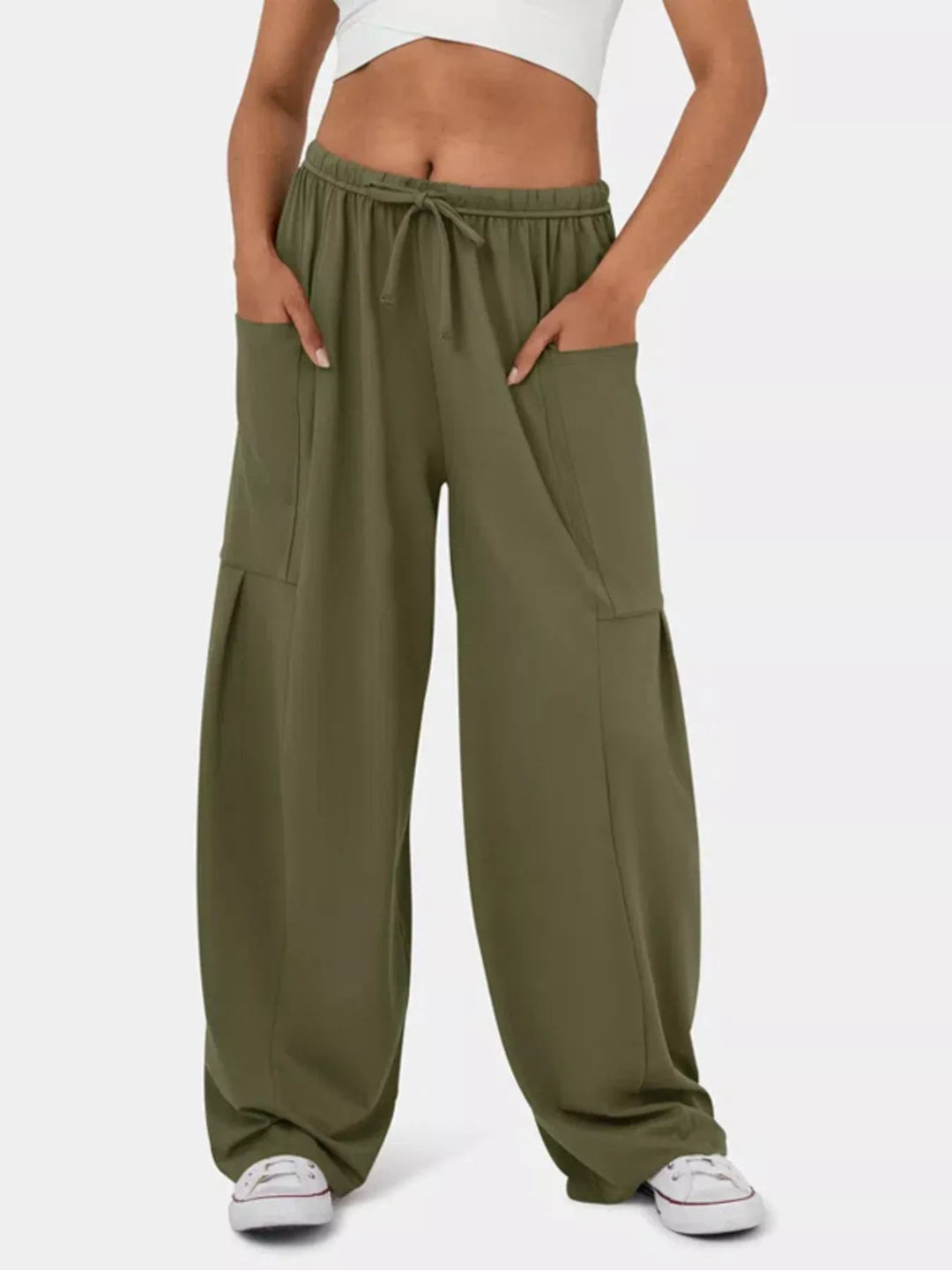 Army Green High-rise drawstring wide-leg pants with patch pockets