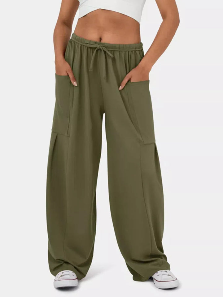 Army Green High-rise drawstring wide-leg pants with patch pockets