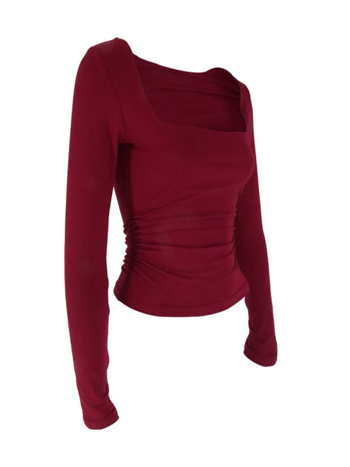 Square neck slim-fit long sleeve top with ruched sides