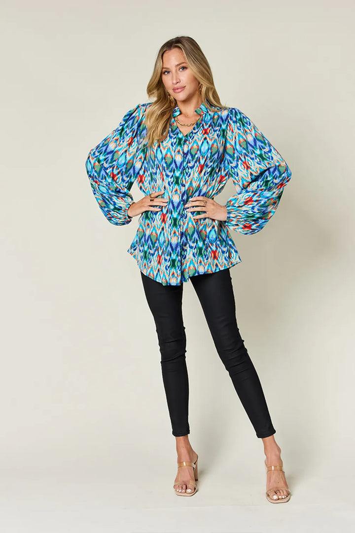 Abstract print balloon-sleeve button-down blouse