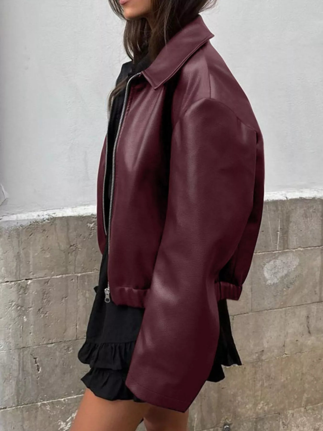 Oversized faux leather zip-up bomber jacket