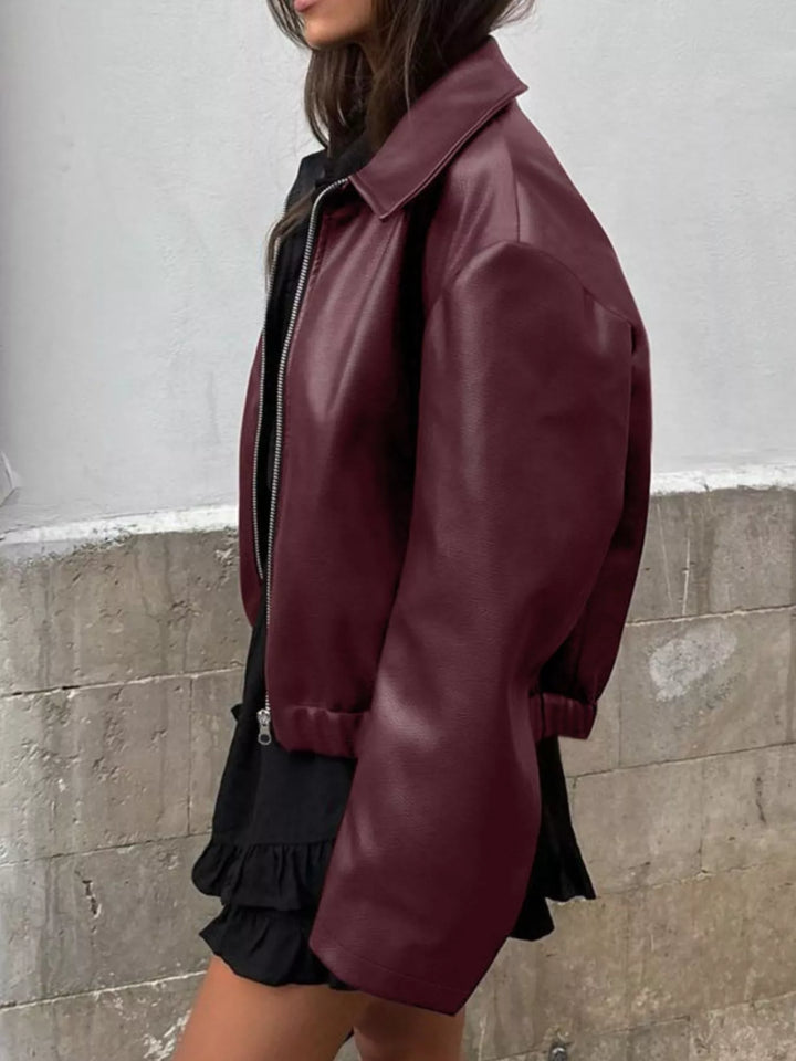 Oversized faux leather zip-up bomber jacket