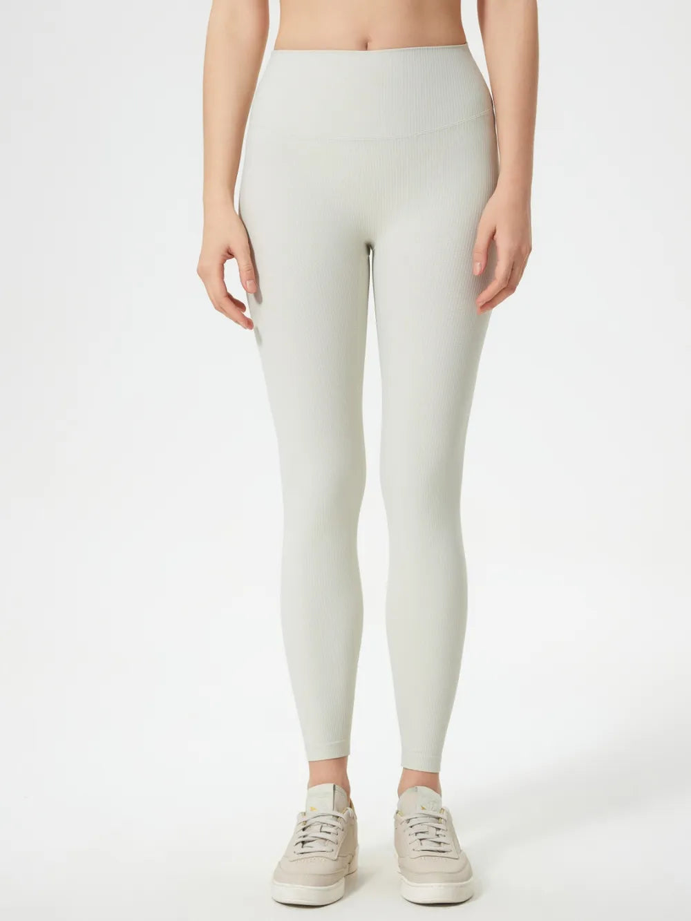 White Ribbed high-waist active leggings with contoured waistband