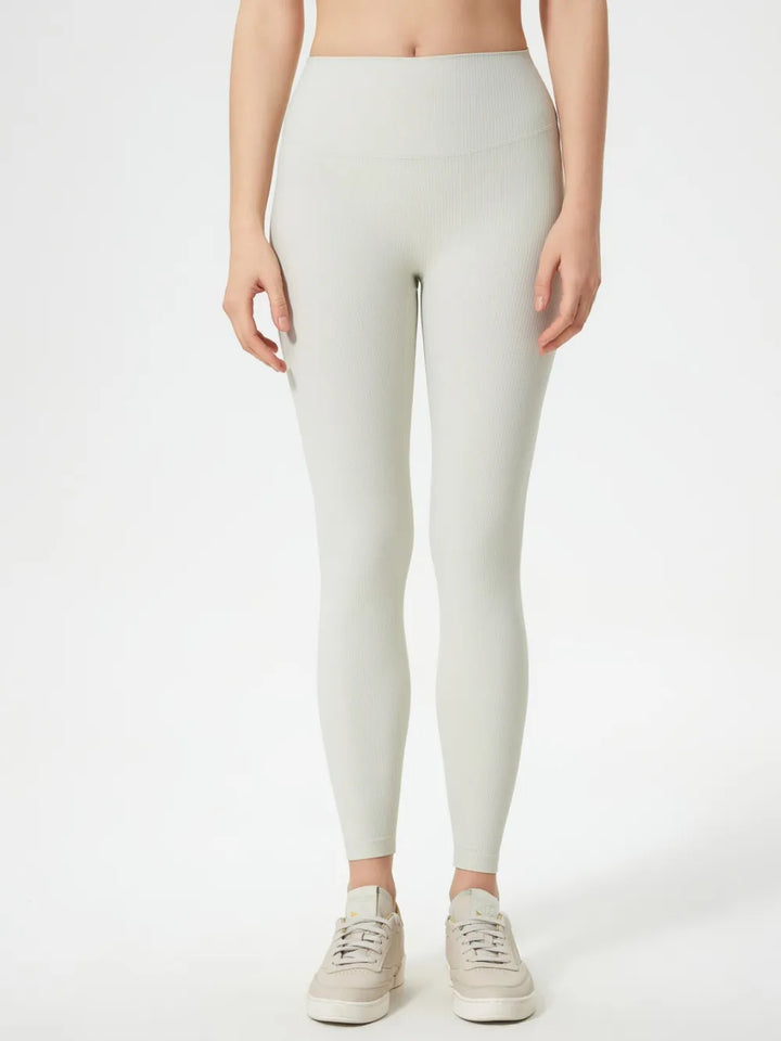 White Ribbed high-waist active leggings with contoured waistband