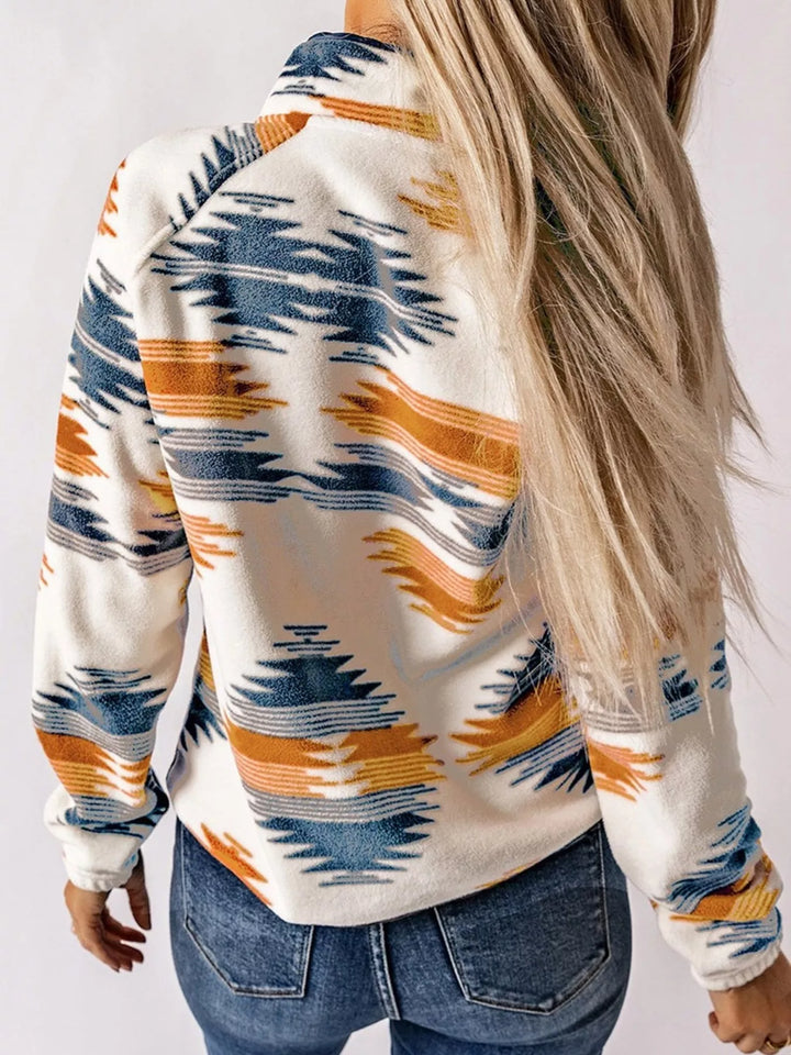 Aztec print fleece snap-front jacket with zip chest pocket