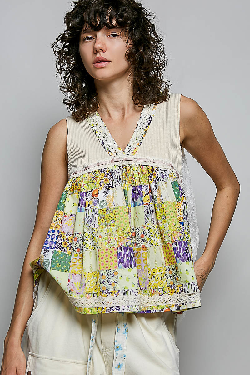 Patchwork floral V-neck tank with lace trim
