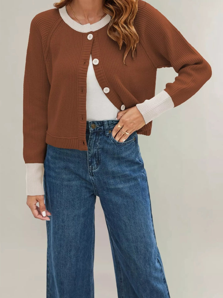 Brown Ribbed knit cardigan with contrast trim and button front