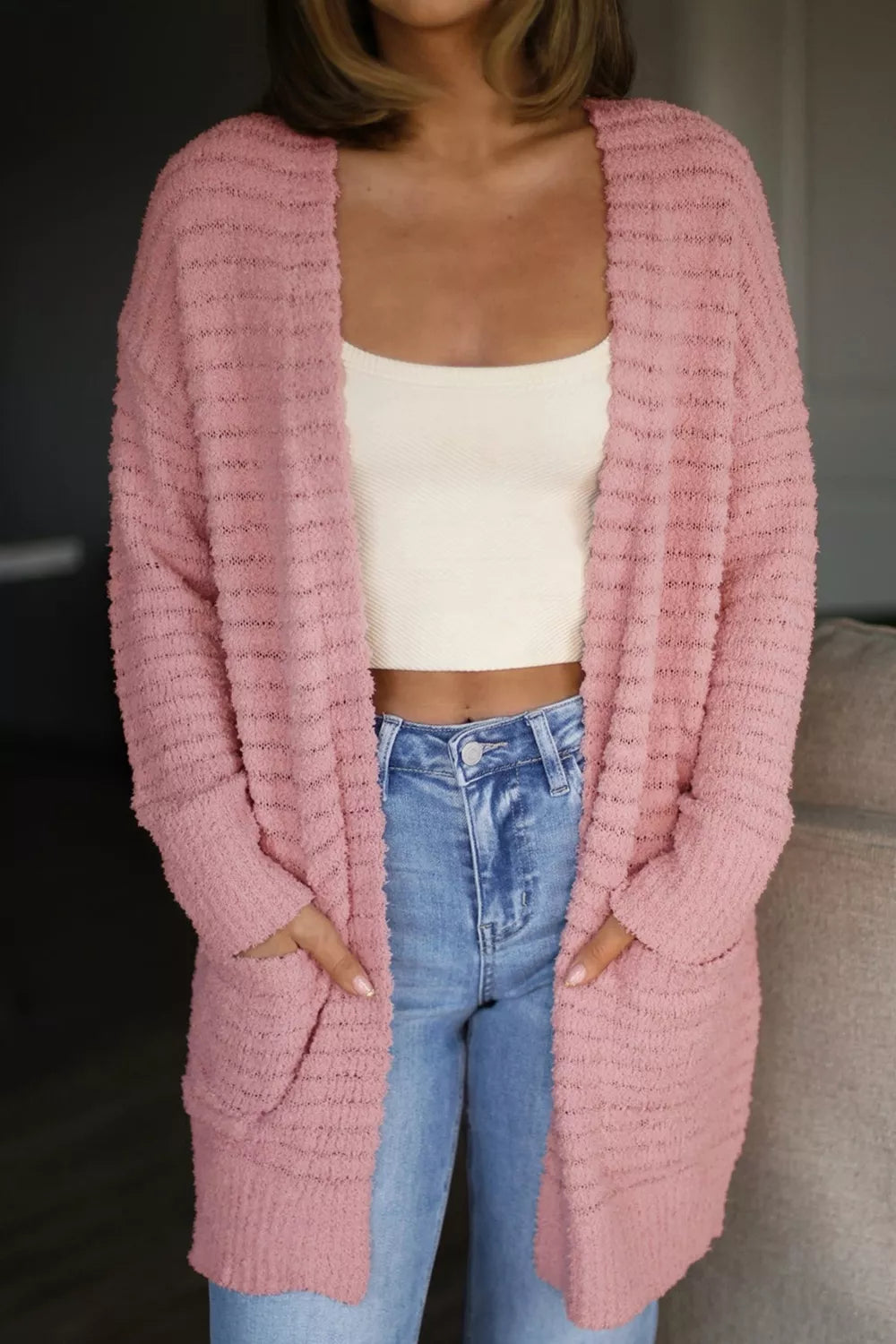 Open front fuzzy ribbed knit cardigan with patch pockets