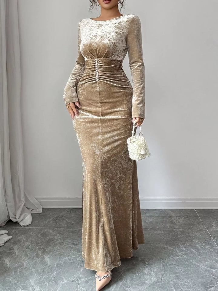 Khaki Crushed velvet ruched waist long sleeve maxi dress