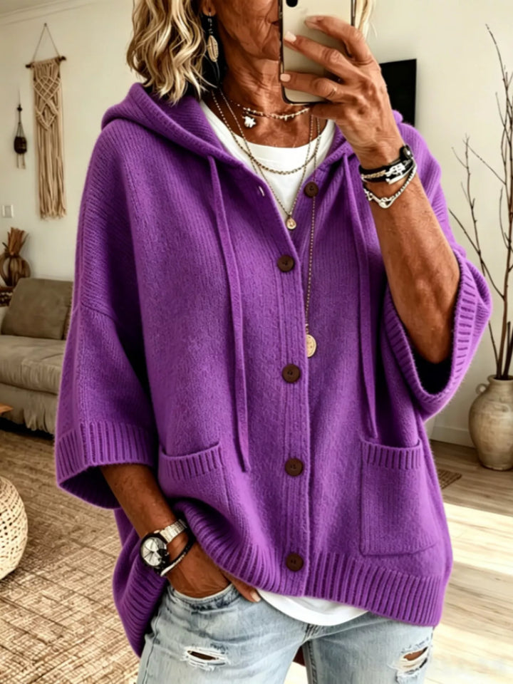 Purple Hooded button-down knit cardigan with patch pockets