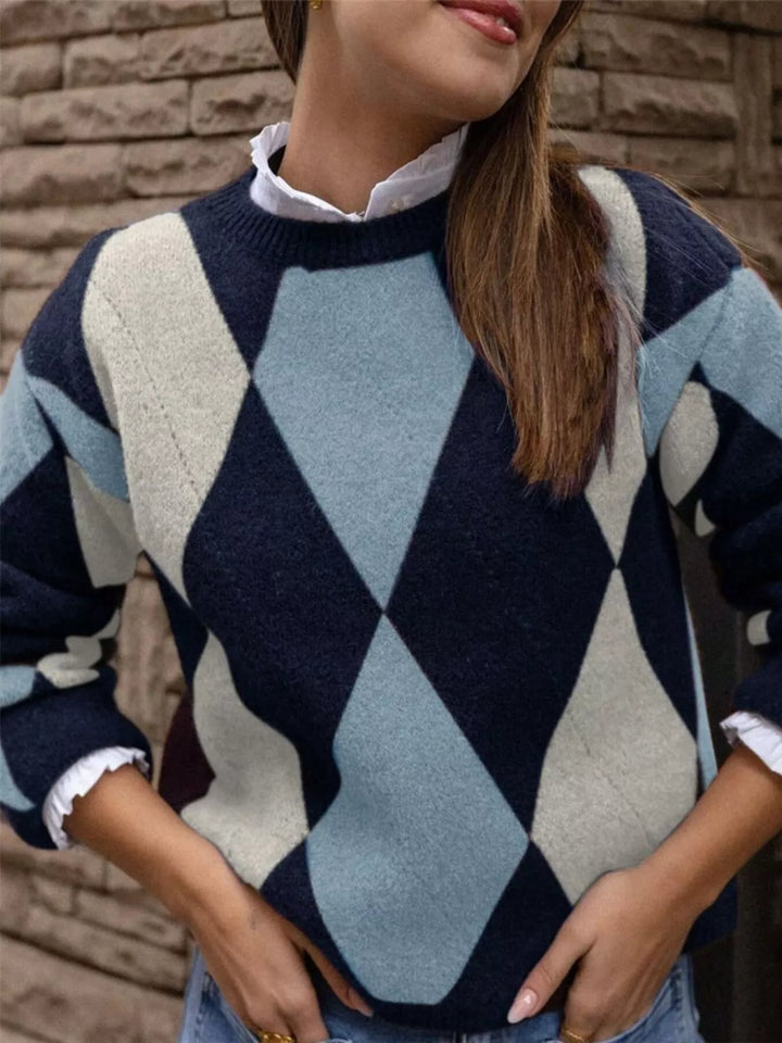 Dusty Blue Argyle diamond knit round neck pullover sweater