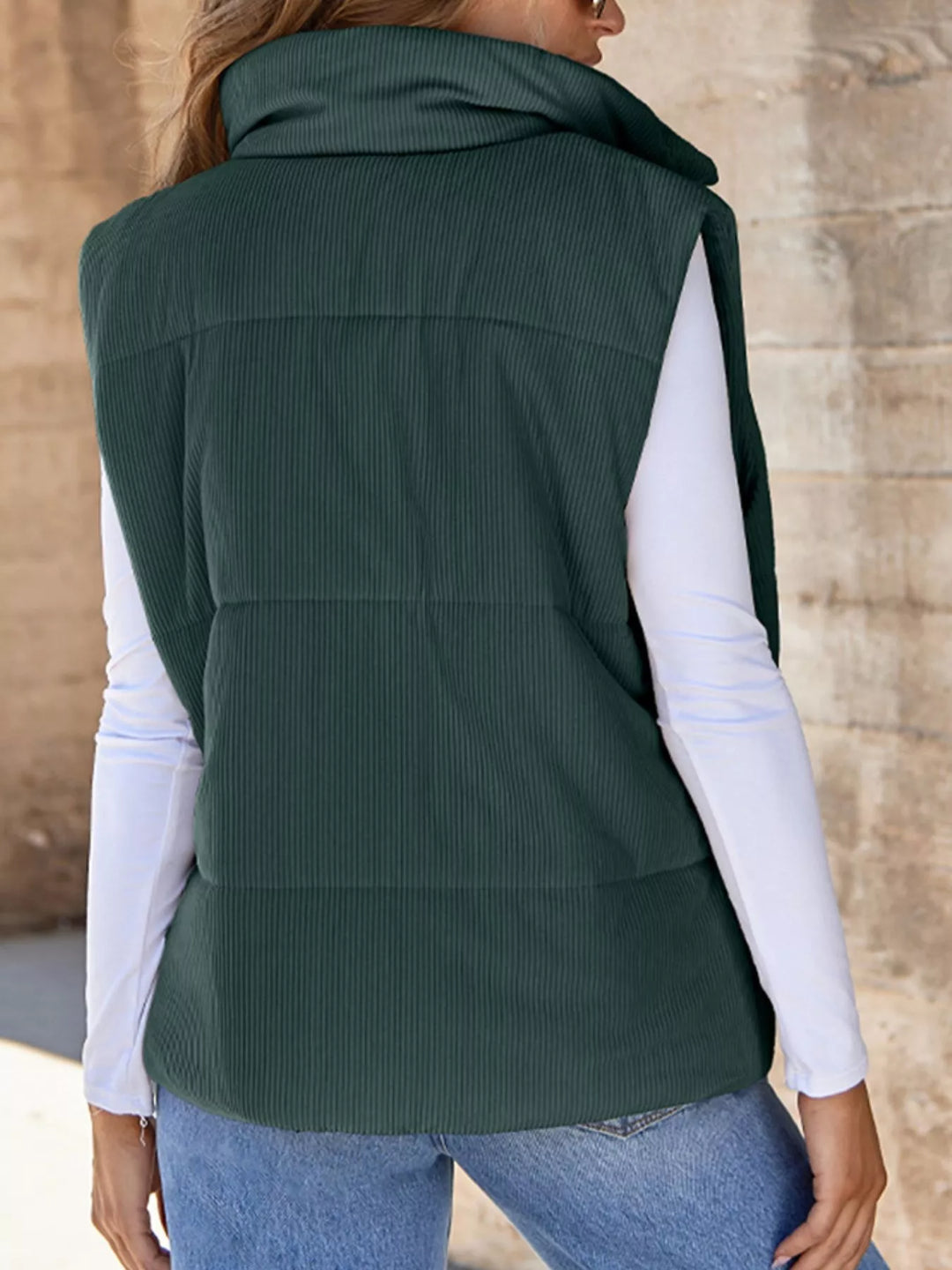 Corduroy stand collar zip-up puffer vest