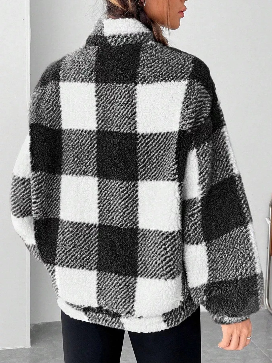 Plaid sherpa quarter-zip pullover with front pocket