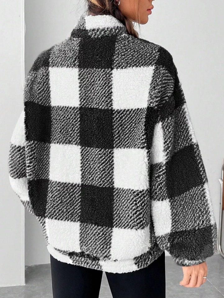 Plaid sherpa quarter-zip pullover with front pocket