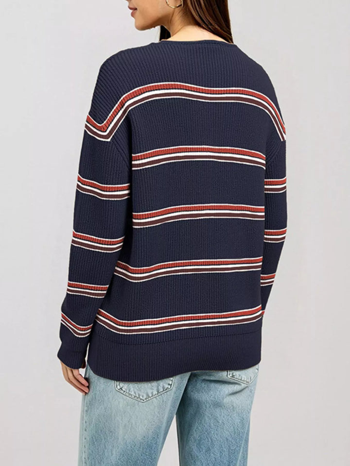 Striped ribbed knit sweater with keyhole neckline