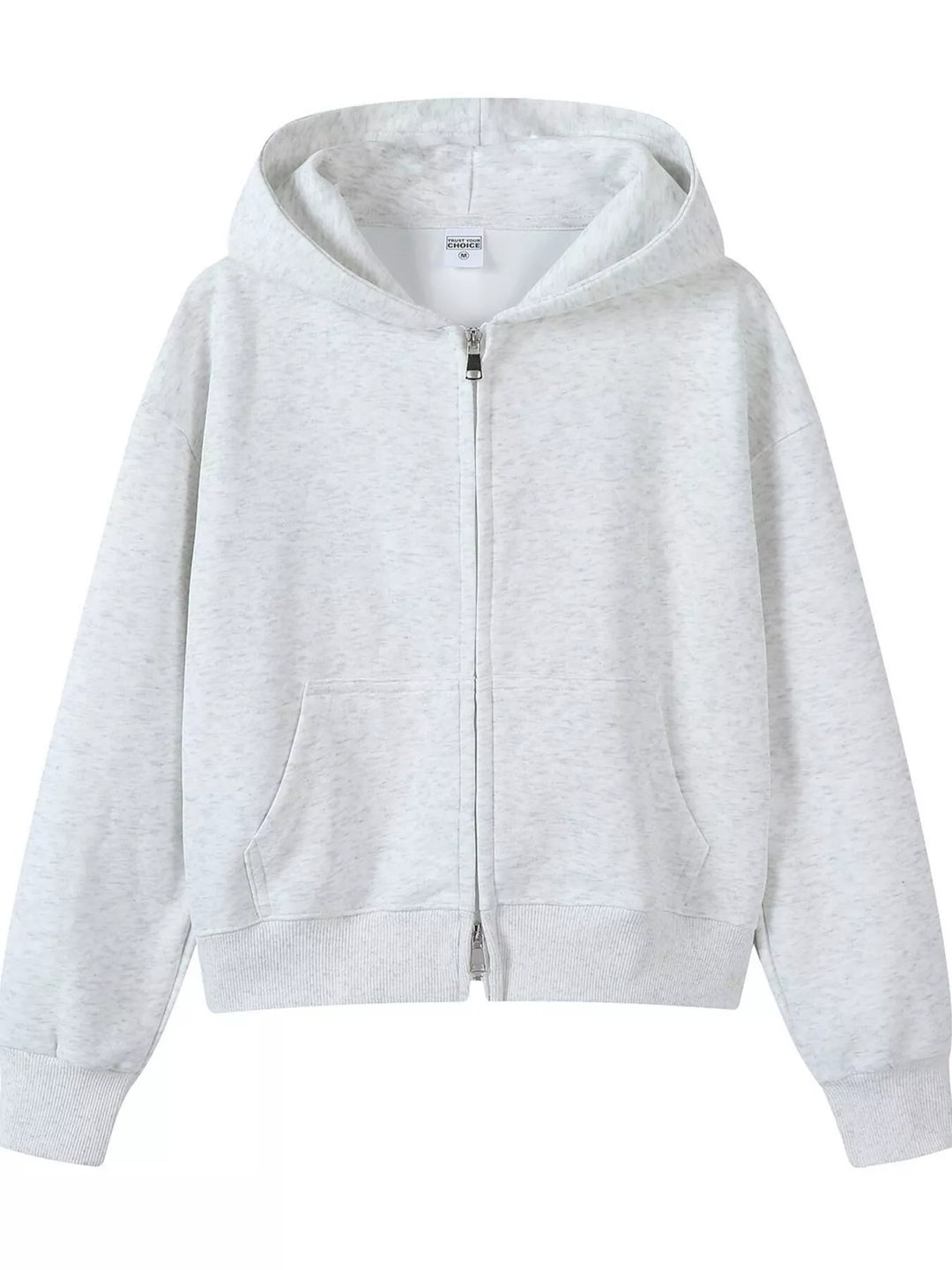 Light Gray Zip-up hoodie with front pockets and ribbed cuffs