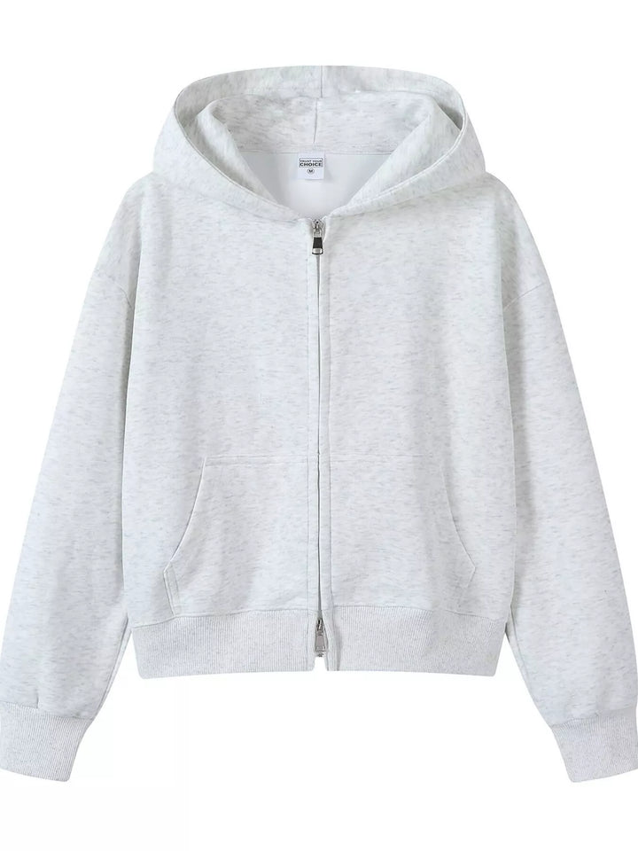 Light Gray Zip-up hoodie with front pockets and ribbed cuffs