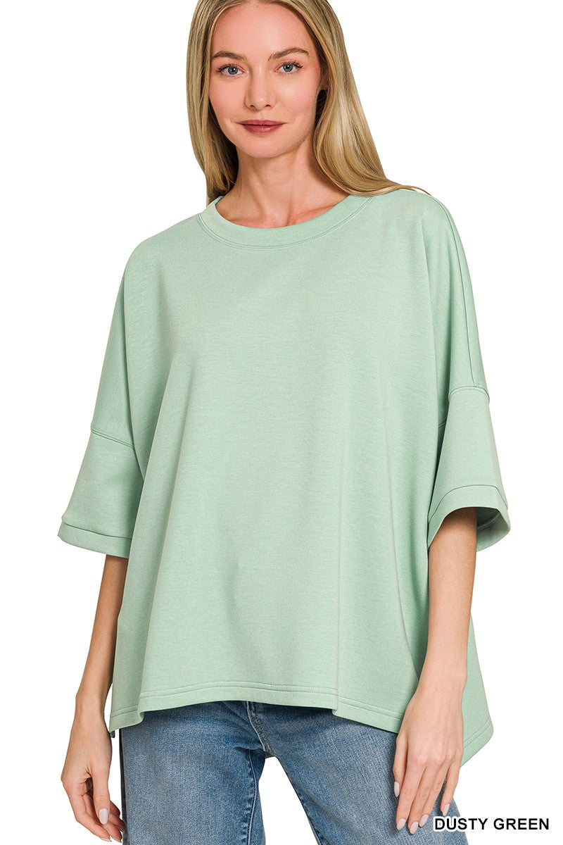 DUSTY GREEN Oversized scuba round neck top with side slits