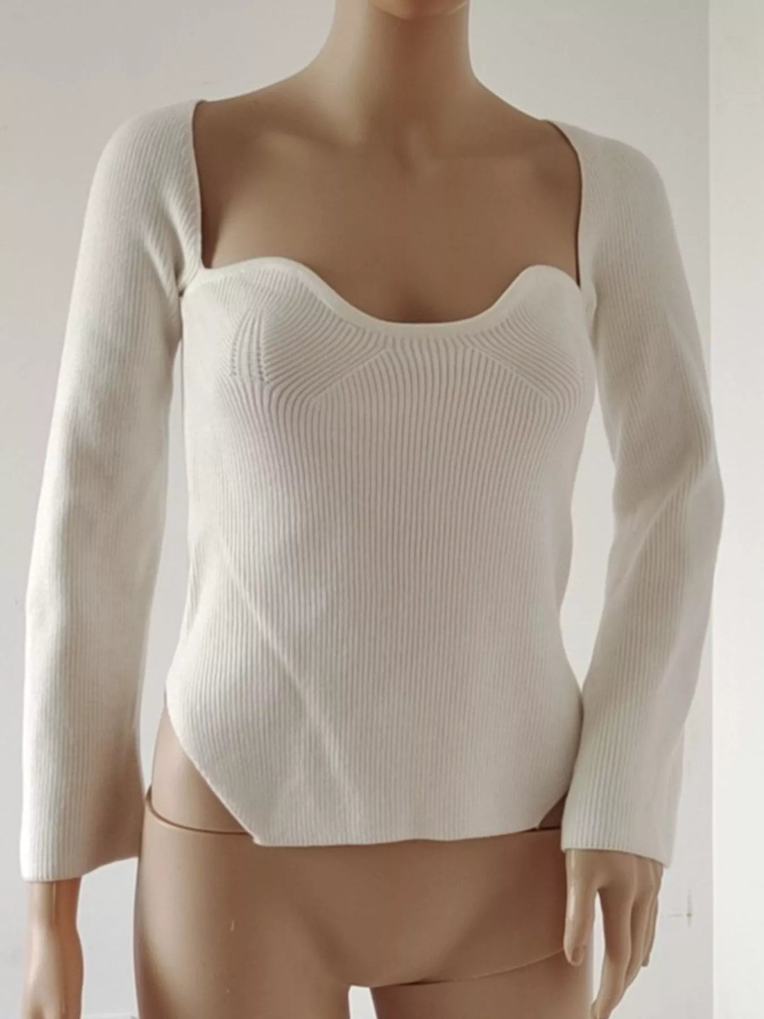 Ribbed knit sweetheart neckline sweater with slit hem