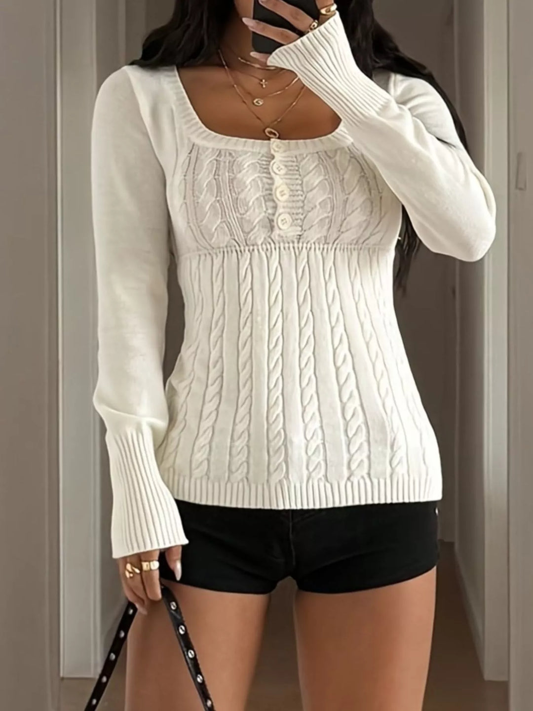 Fitted cable knit sweater with button-front placket