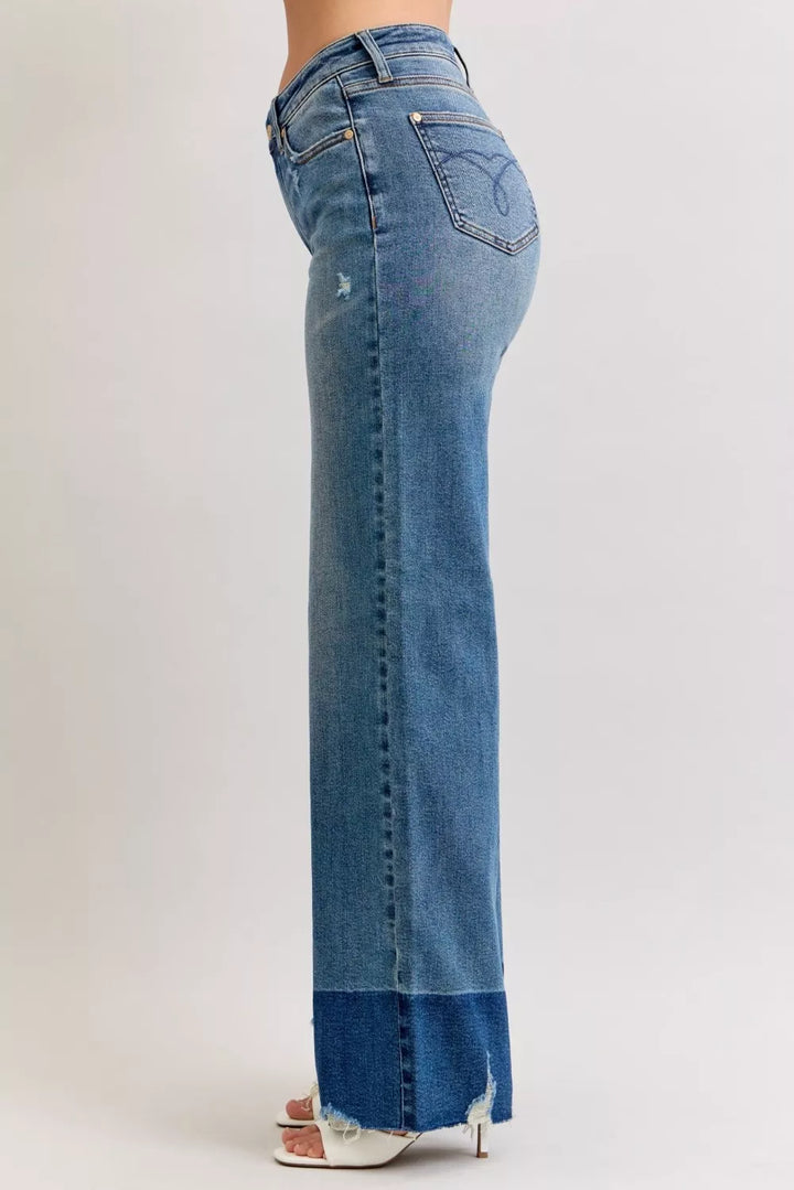 Raw hem high-rise column straight wide-leg jeans