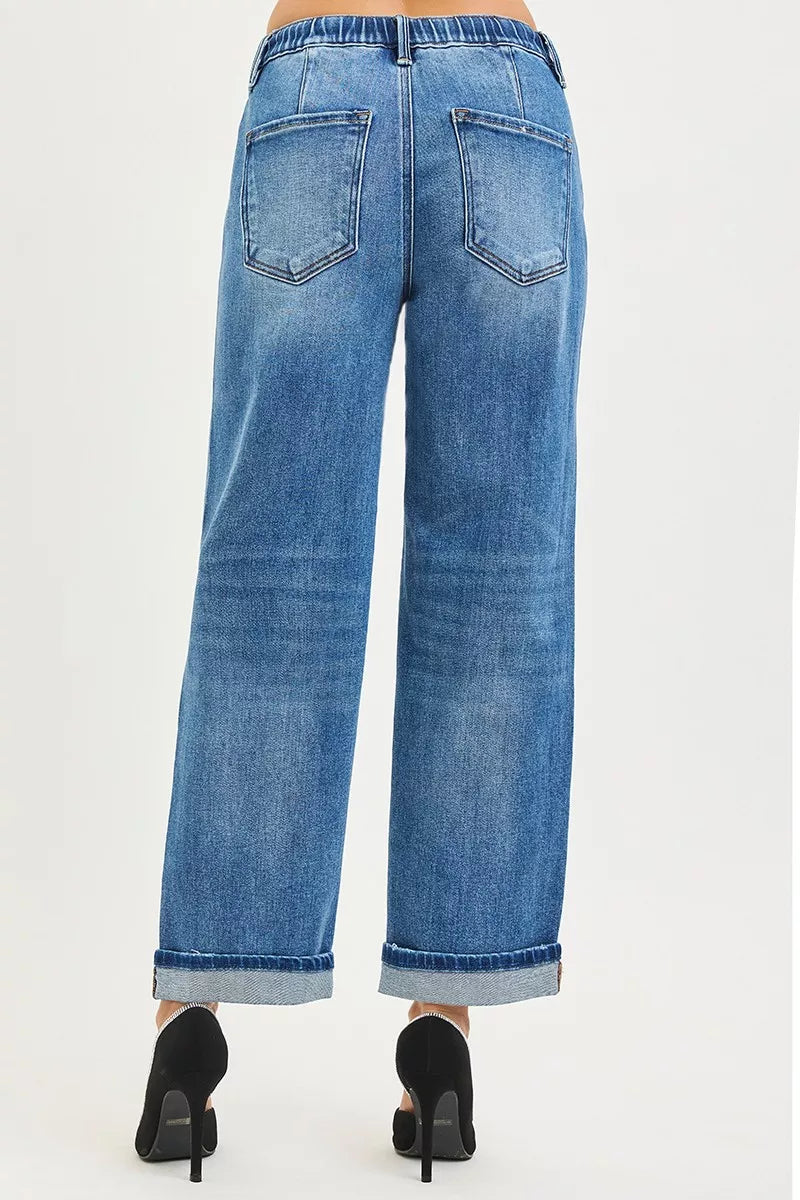 Drawstring slouch boyfriend jeans with cuffed ankle hem