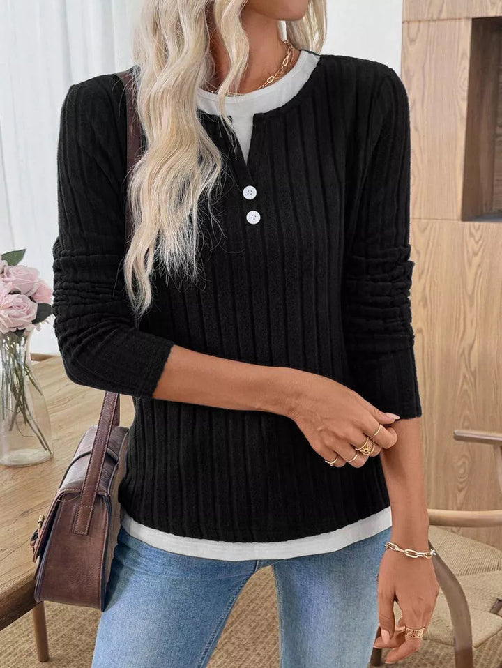 Ribbed knit long sleeve henley with contrast trim