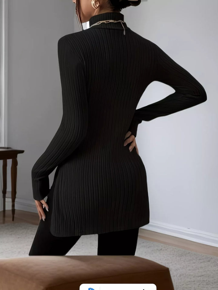Ribbed turtleneck long sleeve top with side slits