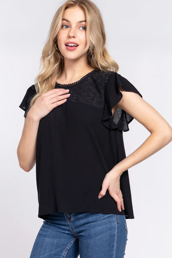 Ruffle flutter sleeve blouse with crochet yoke