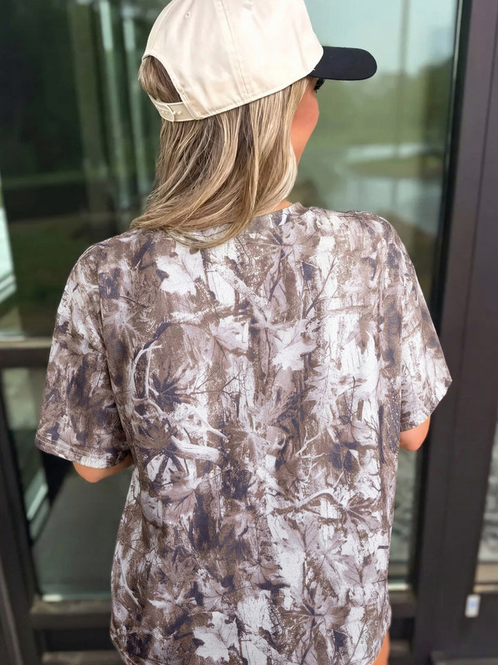 Woodland camouflage print drop shoulder tunic tee