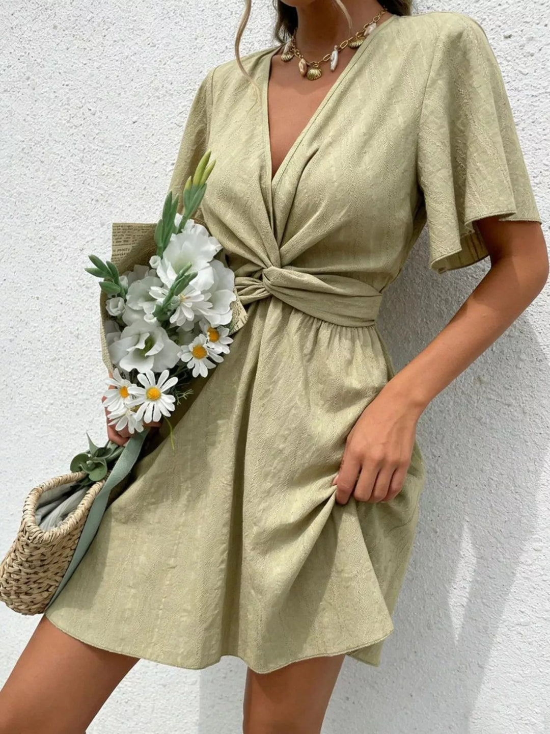 Twist-waist flutter sleeve V-neck mini dress