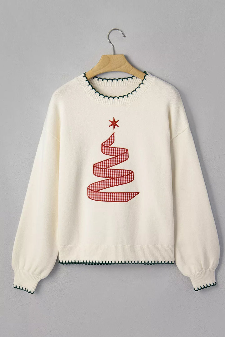 Gingham ribbon tree applique blanket stitch knit sweater