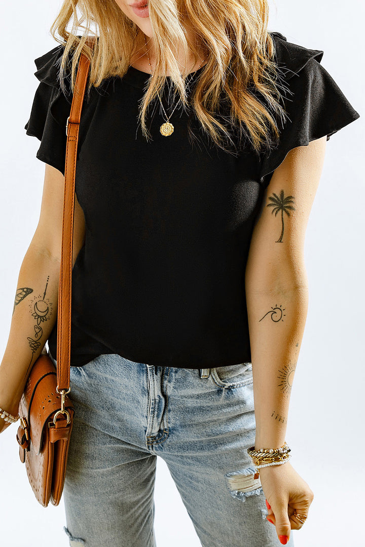 Layered ruffle flutter sleeve round neck top